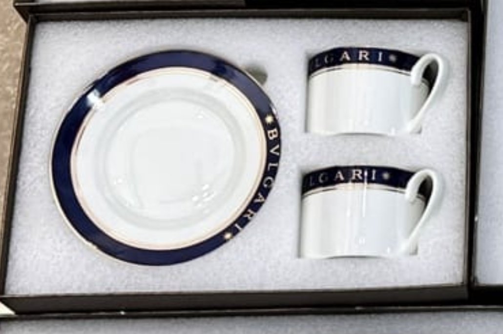 Bvlgari tea cups set of two cups dark blue with white 
