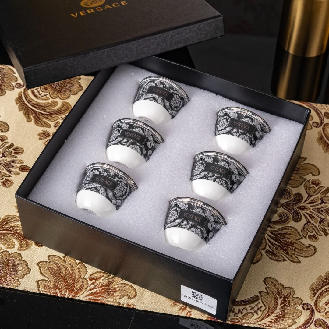 Versace Arabic coffee 6-piece ceramic cup set, featuring a grey and black - Versace Arabic Coffee | Buy Online in UAE