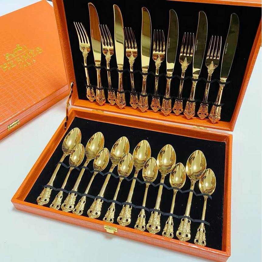 Hermes cutlery set for six people, Gold or Silver - Hermes Cutlery | Aleppo Gift UAE