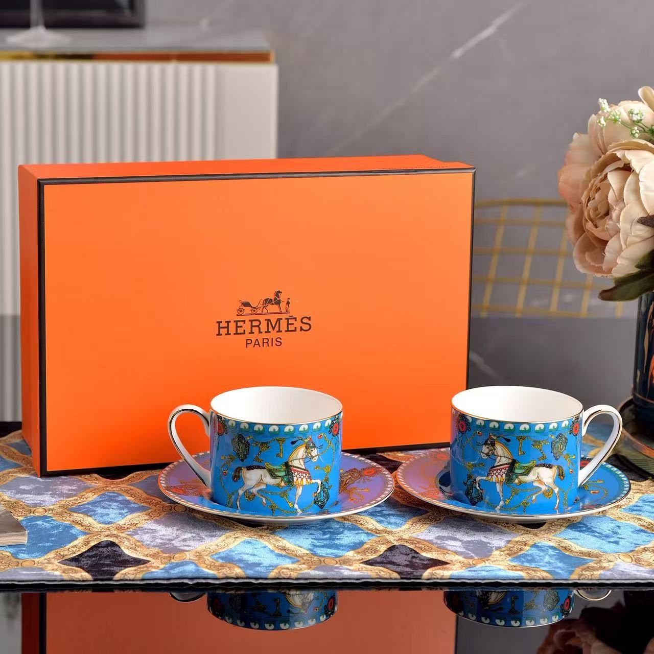 Hermes Blue tea cups - Hermes Cups | Aleppo Gift UAE